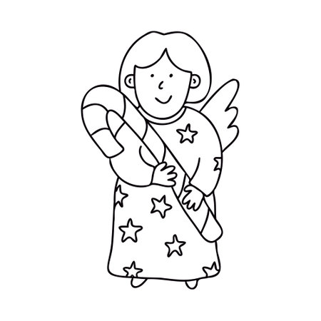 Cute cheerful little angel with a candy cane in doodle sketch style. Vector illustration. Isolated black outline. Great for greeting Xmas cards design.のイラスト素材