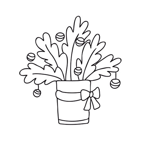 Fir branches decorated with Christmas balls in a cute pot with a ribbon bow. Doodle cartoon vector illustration for Christmas design. Hand drawn sketch, black outlineのイラスト素材