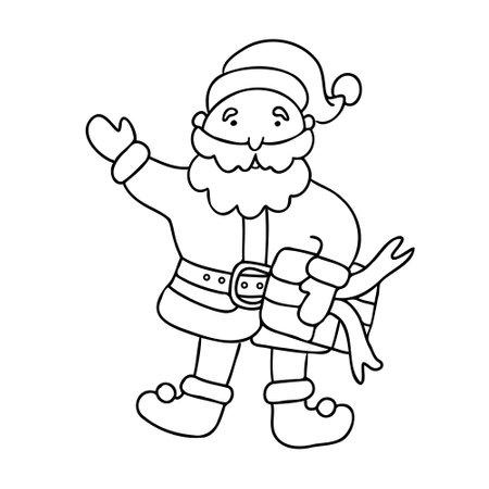 Cute cheerful Santa with a gift box in doodle sketch style. Vector illustration. Isolated black outline. Great for greeting Xmas cards design.のイラスト素材