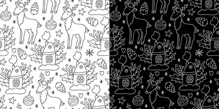 Set of vector Christmas seamless patterns with Xmas houses, balls, reindeers, cones on white and black. Great for fabrics, wrapping papers, covers. Illustration in doodle sketch style, black outline.のイラスト素材