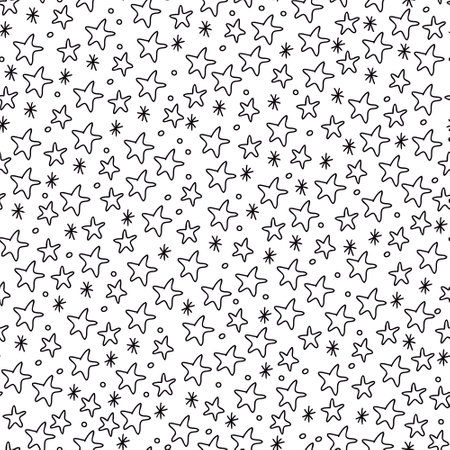 Vector Christmas seamless patterns with stars and snowflakes on white. Great for fabrics, wrapping papers, covers. Hand drawn illustration in doodle sketch style, black outline.のイラスト素材