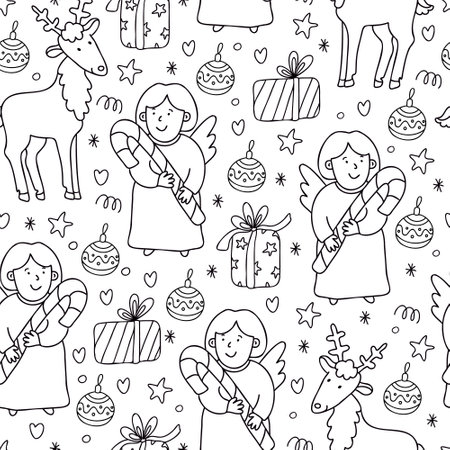 Vector Christmas seamless patterns with angels, reindeers, candy canes, stars and snowflakes on white. Illustration in doodle sketch style, black outline.のイラスト素材