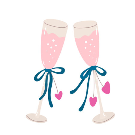 Nice glasses of champagne decorated with ribbons and hearts. Valentine's day decoration. Vector illustration for posters and greeting cards design isolated on white. Hand drawn flat style.のイラスト素材