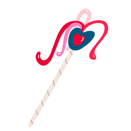 Love magic wand decorated with ribbons and heart. Valentine's day decoration. Vector illustration for posters and greeting cards design isolated on white. Hand drawn flat style.のイラスト素材