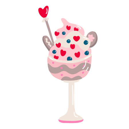 Dessert decorated with whipped cream and hearts in sundae glass, bowl. Valentine's day decoration. Vector illustration for posters and greeting cards design isolated on white. Hand drawn flat style.のイラスト素材