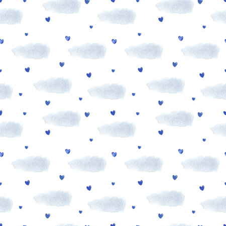 Watercolor seamless pattern with blue hearts and clouds on white background. Great for fabrics, wrapping papers, wallpapers, covers. Hand painted illustration for Valentine's day.の写真素材