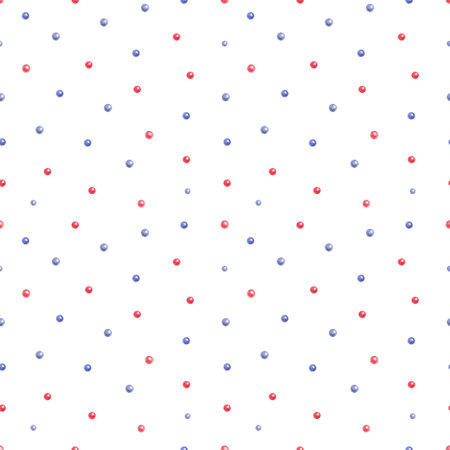 Watercolor seamless pattern with pearls or polka dots on white background. Hand painted illustration. Blue and red colors.の写真素材