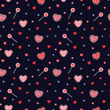 Watercolor seamless pattern with sweets for Valentine's day, wedding on dark blue. Cookies, hearts, lollipops. Pink, red and indigo colors.の写真素材