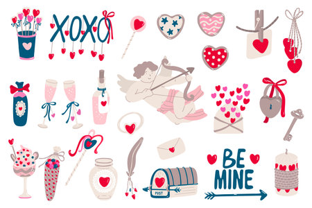 Set with cute hand drawn Valentine's day decorations and lettering. Cupid, mail box, key and padlock. Vector illustrations for posters and greeting cards design isolated on white. Retro style.のイラスト素材