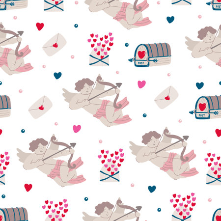 Vector vintage seamless pattern with cupids, mailboxes, love letters and hearts for Valentine's day on white.  Pink, red and navy blue colors.のイラスト素材