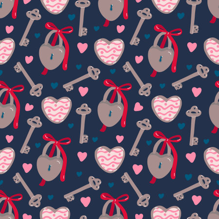 Vector hand drawn vintage seamless pattern with keys, padlocks and hearts for Valentine's day or wedding on navy blue.のイラスト素材