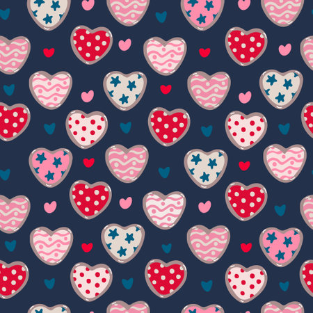 Vector seamless pattern with heart shaped cookies or biscuits with patterns for Valentine's day, wedding on dark.のイラスト素材