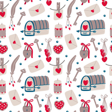 Vector vintage seamless pattern with mailboxes, love letters, keys, padlocks for Valentine's day on white.  Pink, red and navy blue colors.のイラスト素材