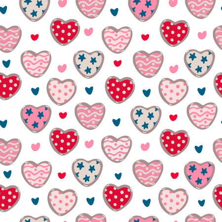 Vector seamless pattern with heart shaped cookies or biscuits with patterns for Valentine's day, wedding on white.  Pink, red, indigo colors.のイラスト素材