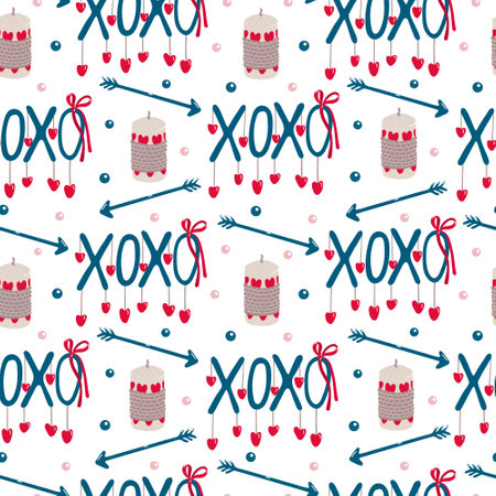 Vector seamless pattern with candles, arrows, XOXO lettering decorated with hearts for Valentine's day on white.  Pink, red and indigo colorsのイラスト素材
