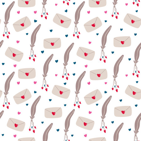 Vector vintage seamless pattern with love letters, feathers or quills for Valentine's day on white. Pink, red and brown colors.のイラスト素材