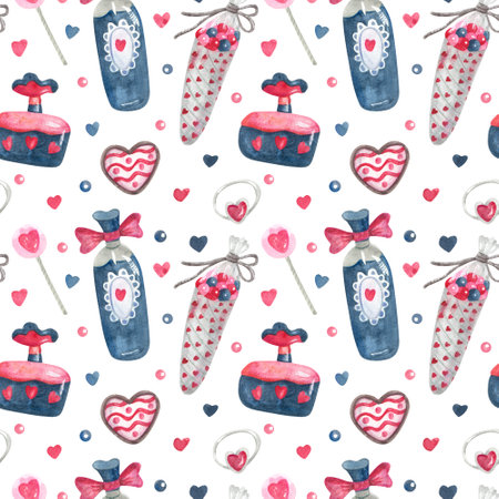 Watercolor seamless pattern with sweets, perfume, gem rings for Valentine's day, wedding. Candy, hearts, lollipops. Pink, red and indigo colors.の写真素材