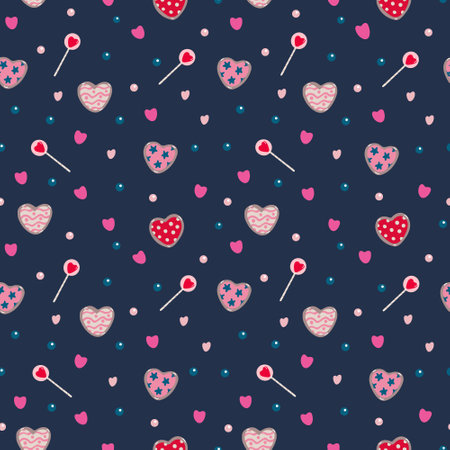 Vector seamless pattern with sweets for Valentine's day, wedding on navy blue. Cookies, hearts, lollipops. Pink, red and blue colorsのイラスト素材