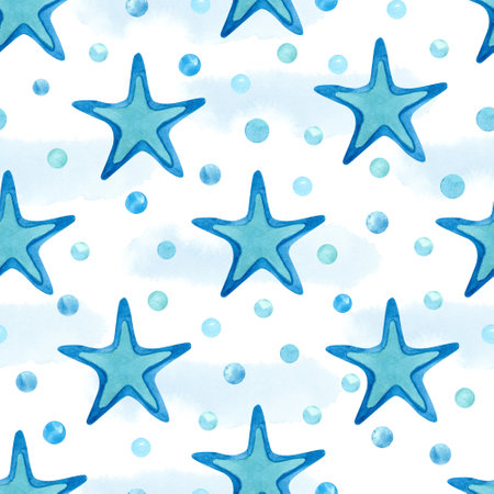 Watercolor blue seamless pattern with starfish and bubbles on white. Beautiful textile print.  Hand painted illustration.の写真素材