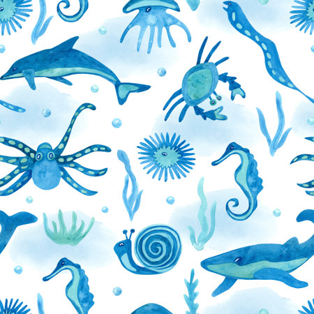 Watercolor seamless pattern with sea creatures on white. Nice blue color. Beautiful textile print.  Hand painted illustration.の写真素材
