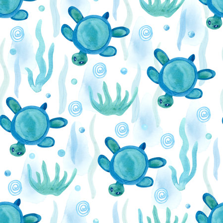 Watercolor blue seamless pattern with turtles, bubbles and sea weed on white. Hand painted illustration. Beautiful textile print.の写真素材
