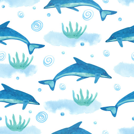 Watercolor blue seamless pattern with dolphins, bubbles and sea weed on white. Hand painted illustration. Beautiful textile printの写真素材