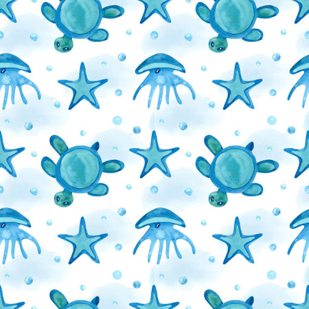 Watercolor blue seamless pattern with sea creatures and sea weed on white. Turtle, starfish, jellyfish.  Hand painted illustration.の写真素材