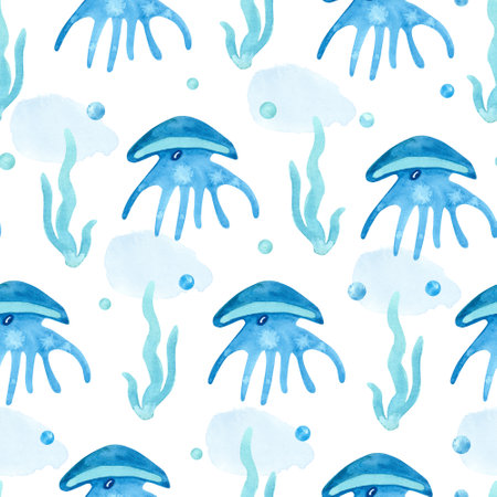 Watercolor blue seamless pattern with jellyfish, bubbles and sea weed on white. Hand painted illustration. Beautiful textile printの写真素材