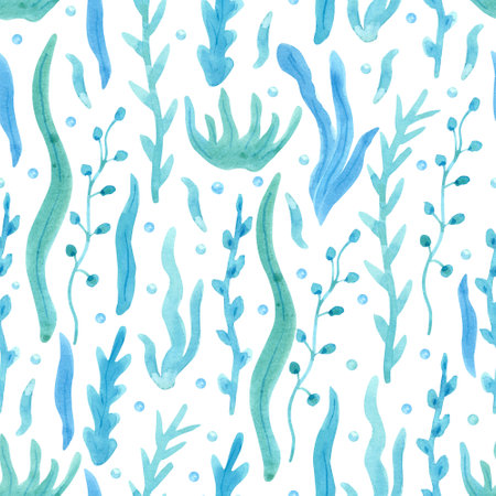 Watercolor blue seamless pattern with seaweed on white.  Hand painted illustration. Beautiful textile print.の写真素材