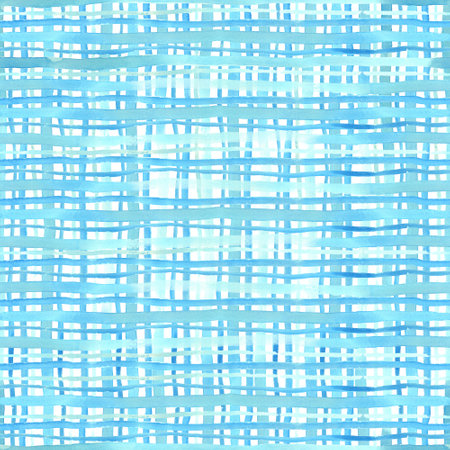 Watercolor checkered seamless pattern on white. Great for fabrics, wrapping papers, covers, digital paper. Hand painted checkered endless texture. Blue and turquoise stripes.の写真素材
