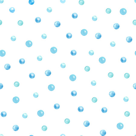 Watercolor seamless pattern with blue bubbles on white. Nice textile print. Hand painted illustration.の写真素材