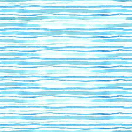 Watercolor blue and turquoise striped seamless pattern on white. Great for fabrics, wrapping papers, covers, digital paper. Hand painted endless texture. Water or sea surface texture.の写真素材