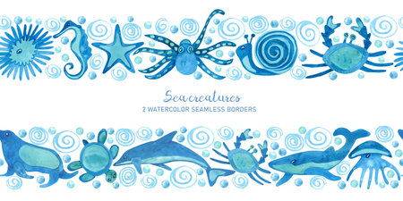 Watercolor seamless borders with sea animals on white. Octopus, whale, dolphin, carb, seahorse isolated on white. Blue and turquoise colors. Hand painted illustration.の写真素材