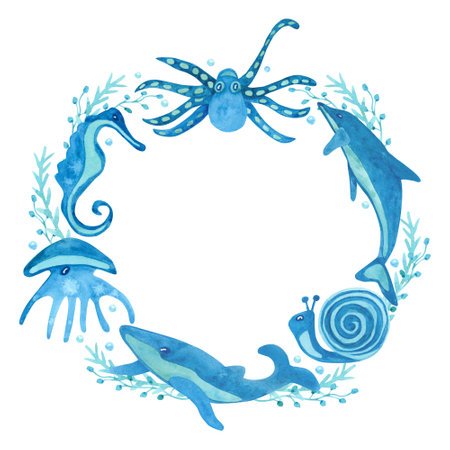 Watercolor hand painted round frame with dolphin, jellyfish, octopus, whale, seaweed isolated on white. Beautiful wreath. Blue and turquoise colors. Sea animals illustration.の写真素材