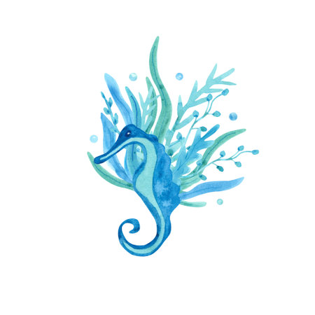 Watercolor composition with a seahorse and seaweed on white background. Blue and turquoise colors. Sea animal hand painted illustration.の写真素材