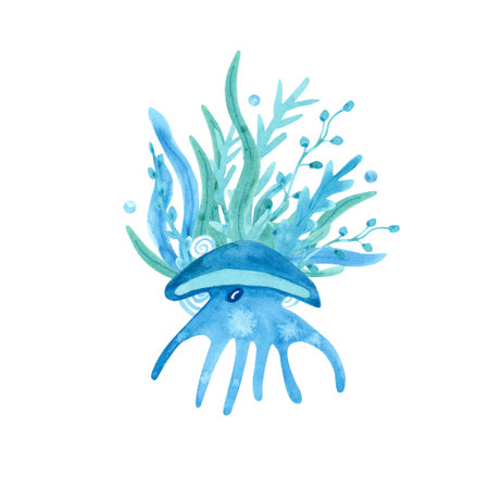 Watercolor composition with a jellyfish and seaweed on white background. Blue and turquoise colors. Sea animal hand painted illustration. Great for posters, mug decoration, scrapbooking and so on.の写真素材