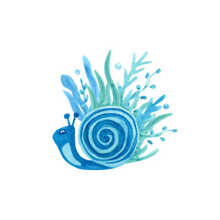 Watercolor composition with a snail and seaweed on white background. Blue and turquoise colors. Sea animal hand painted illustration. Great for posters, mug decoration, scrapbooking and so on.の写真素材