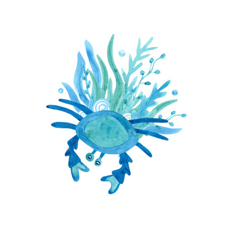 Watercolor composition with a crab and seaweed on white background. Blue and turquoise colors. Sea animal hand painted illustration. Great for posters, mug decoration, scrapbooking and so on.の写真素材
