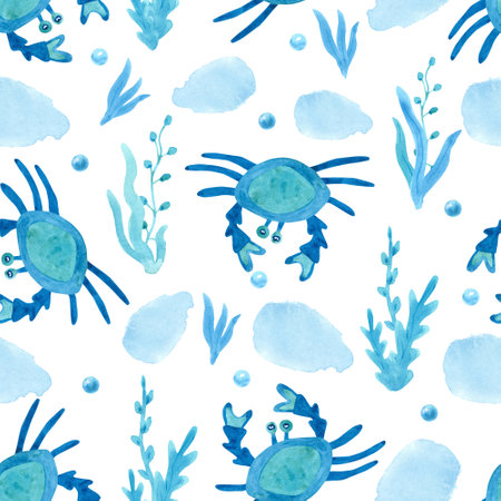 Watercolor blue seamless pattern with crabs, bubbles and sea weed on white. Great for fabrics, wrapping papers, wallpapers, linens, baby clothes. Hand painted illustration. Beautiful textile print.の写真素材