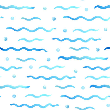 Watercolor seamless pattern with sea waves and pearls or bubbles on white. Great for fabrics, wrapping papers, wallpapers, linens, baby clothes. Hand painted illustration. Textile print.の写真素材