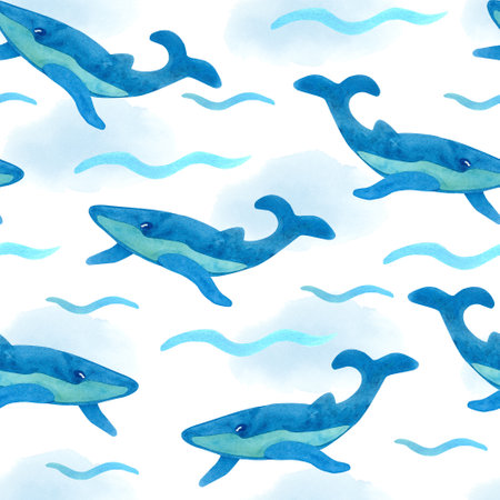 Watercolor blue seamless pattern with whales, waves and sea weed on white. Great for fabrics, wrapping papers, wallpapers, linens, baby clothes. Hand painted illustration. Beautiful textile print.の写真素材