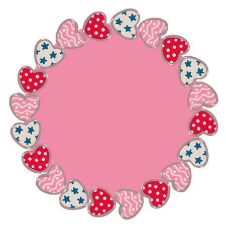 Vector round frame with Valentine's day decorations in hand drawn flat style. Illustration of hearts decorated with patterns, stars, polka dots. Pink background.のイラスト素材