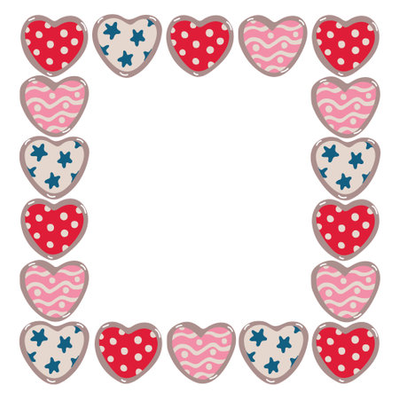 Vector frame with Valentine's day decoration in hand drawn flat style. Social media square format. Illustration of hearts decorated with patterns, stars, polka dots. Isolated on white background.のイラスト素材