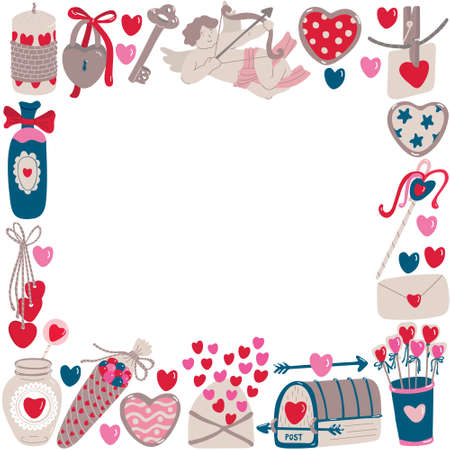 Vector frame with Valentine's day decoration in vintage hand drawn flat style. Social media square format. Illustration isolated on white background. Sweets, hearts and love letters.のイラスト素材