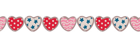 Vector seamless border with hearts decorated with patterns, stars, polka dots for Valentine's day. Hand drawn flat style. Bright red, pink colors.のイラスト素材
