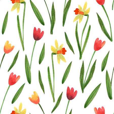 Watercolor seamless pattern with narcissus or daffodils and tulip flowers on white background. Beautiful textile print. Great for fabrics, wrapping papers, wallpapers, covers, linens.の写真素材