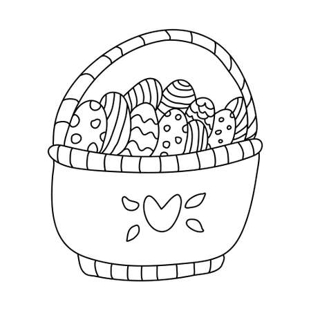 Easter basket full of eggs. Hand drawn vector illustration isolated on white. Doodle style. Black outline. Single pictures for your Easter design, coloring books, greeting cards, posters.のイラスト素材