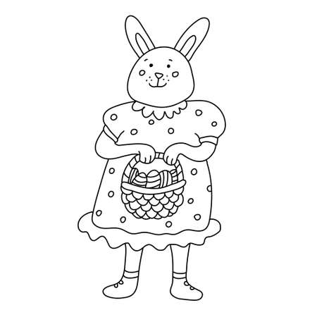 An funny smiling female rabbit or bunny with an Easter basket with eggs. She is wearing a polka dots dress. Hand drawn vector illustration isolated on white background.のイラスト素材