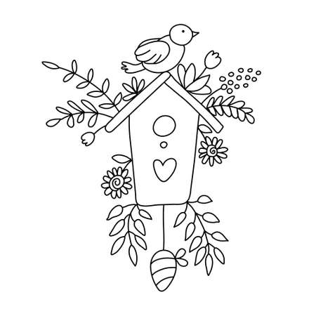 Nice birdhouse decorated with spring branches, flowers and a bird on it in doodle style. Isolated outline. Hand drawn vector illustration on white. Great for Easter greeting cards, coloring books.のイラスト素材