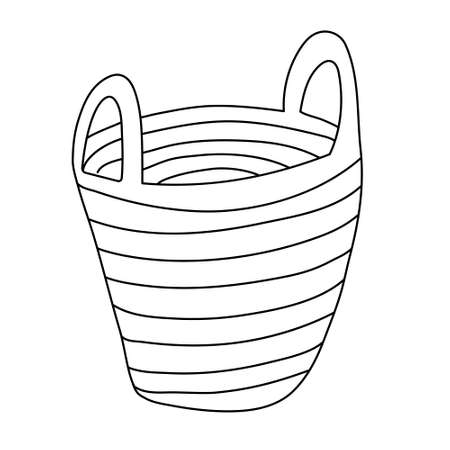 Empty wicker basket. Hand drawn vector illustration isolated on white. Doodle sketch style. Black outline.のイラスト素材